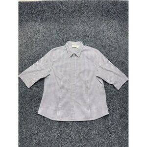 St Johns Bay Womens XL Gingham Check Stretch Button Down Shirt Grey 3/4 Sleeve